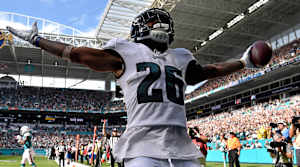 Dec 1, 2019; Miami Gardens, FL, USA; Philadelphia Eagles running back Miles Sanders (26) scores a touchdown in the first half against the Miami Dolphins at Hard Rock Stadium. Mandatory Credit: Steve Mitchell-USA TODAY Sports